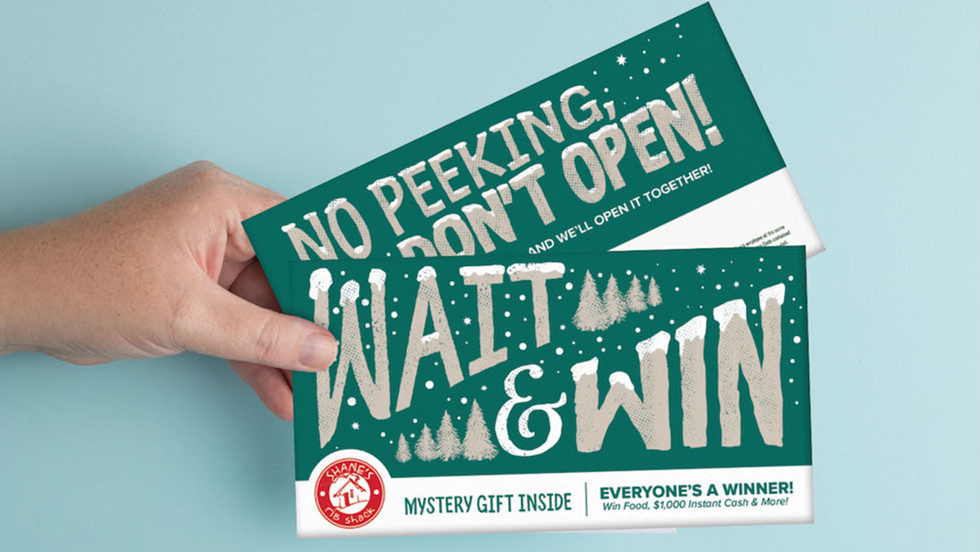 Shane's Rib Shack's Holiday 'Wait and Win' Giveaway Mystery Envelopes. No Peeking!